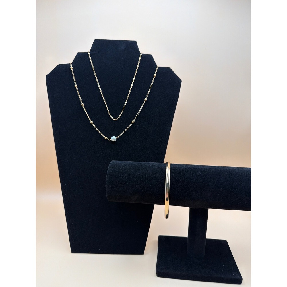 Gold Tone Layered Necklace Set with Faux Pearl and‎ Bangle Bracelet 3pc Jewelry